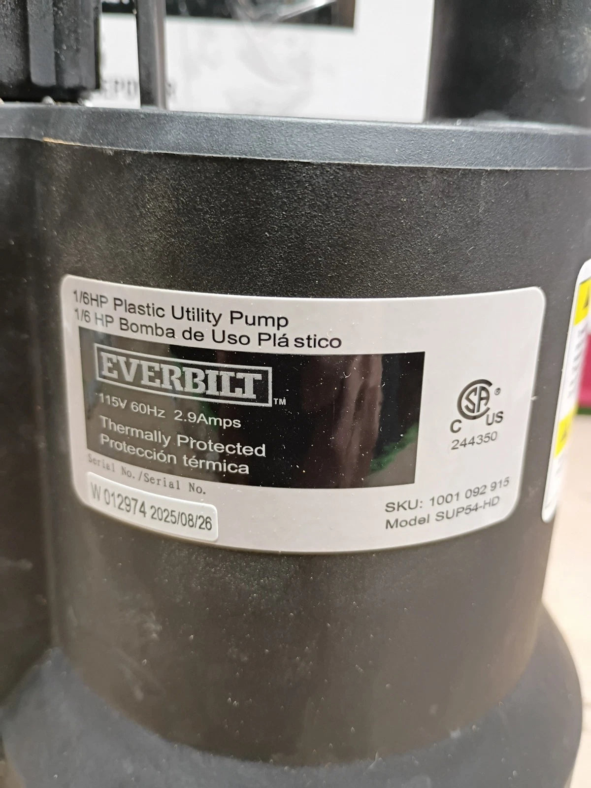 Everbilt SUP54-HD 1/6 HP Plastic Submersible Utility Pump, Open Box,