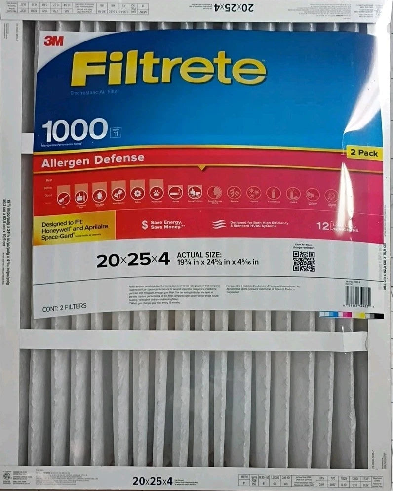 2pknFiltrete 20x25x4, AC Furnace Air Filter MPR 1000 DP Micro Allergen Open box