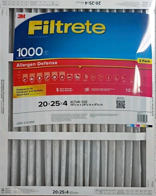 2pknFiltrete 20x25x4, AC Furnace Air Filter MPR 1000 DP Micro Allergen Open box