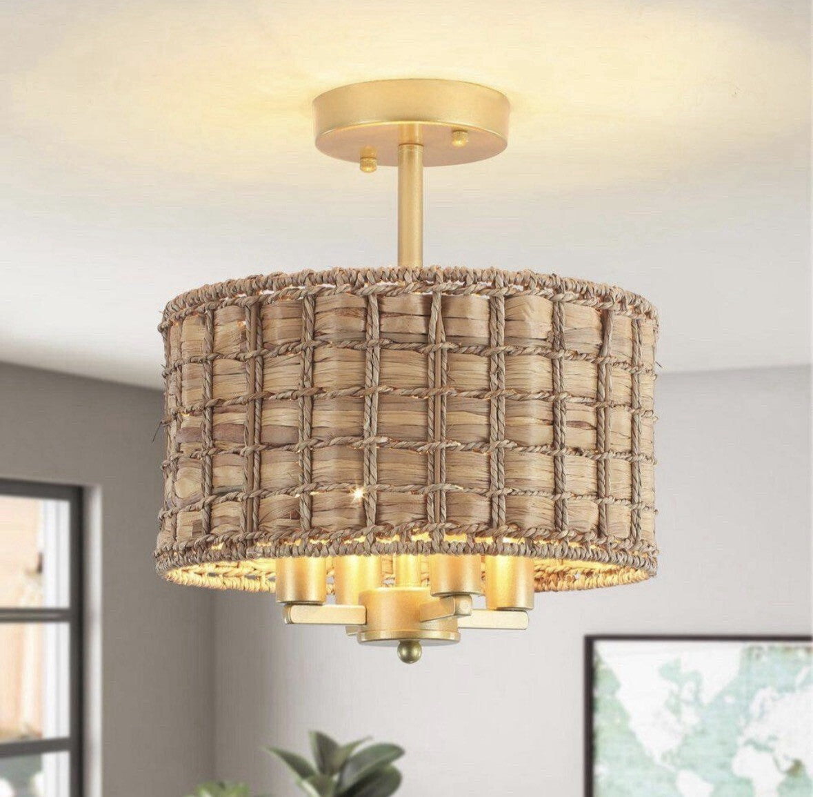 ETONIMERR Scrow 4-light 12 In. Gold Bohemian Drum Pendant Light With Hand Wov…