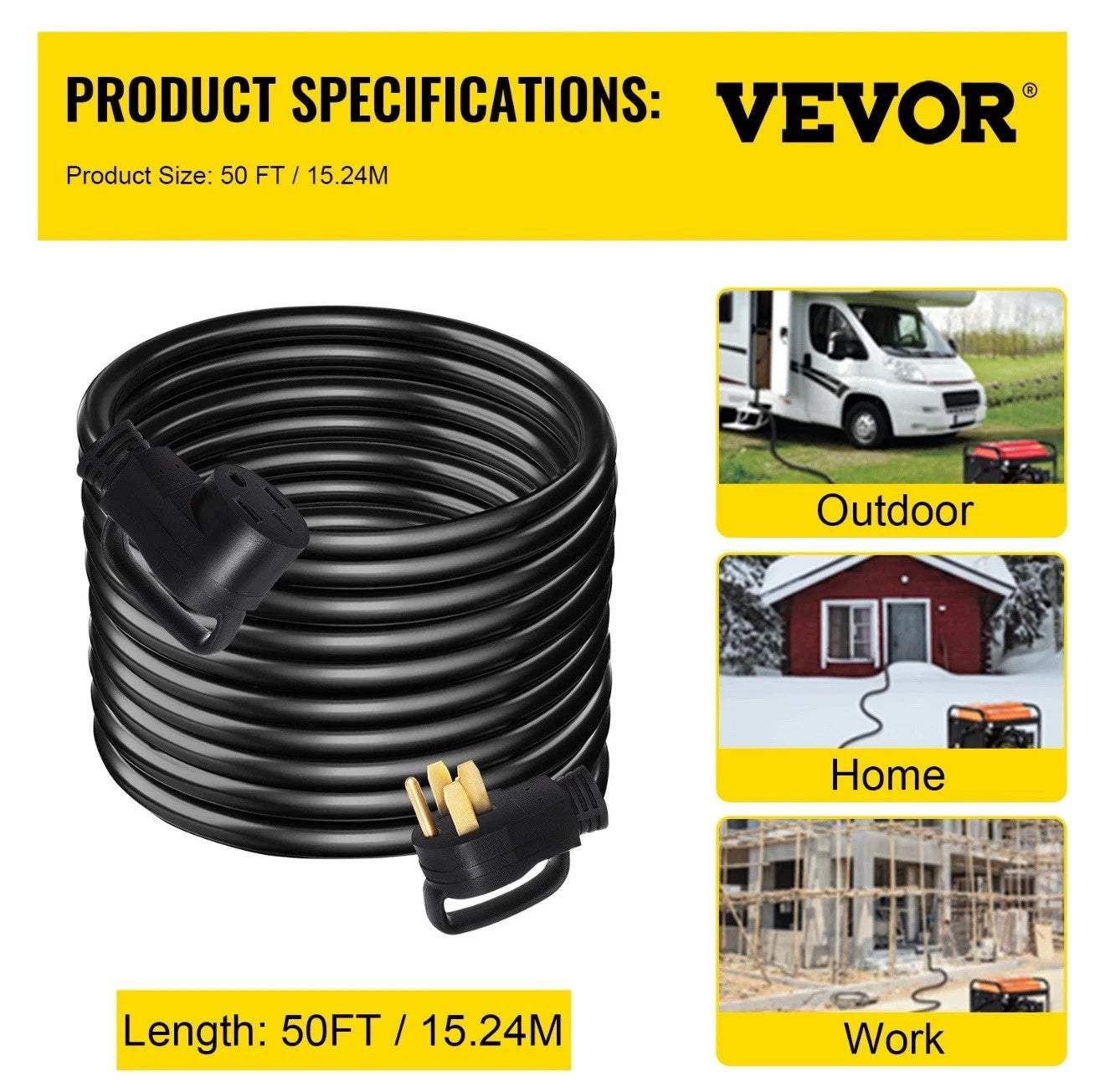 VEVOR Heavy Duty 50ft 50A RV Extension Cord Power Supply Cable Molded Connector.