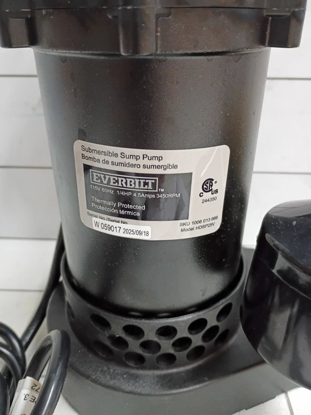 Everbilt 1/4 HP Aluminum Sump Pump Vertical Switch Open Box