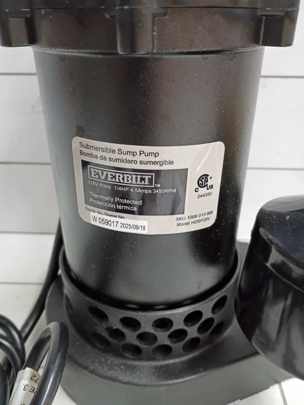 Everbilt 1/4 HP Aluminum Sump Pump Vertical Switch Open Box