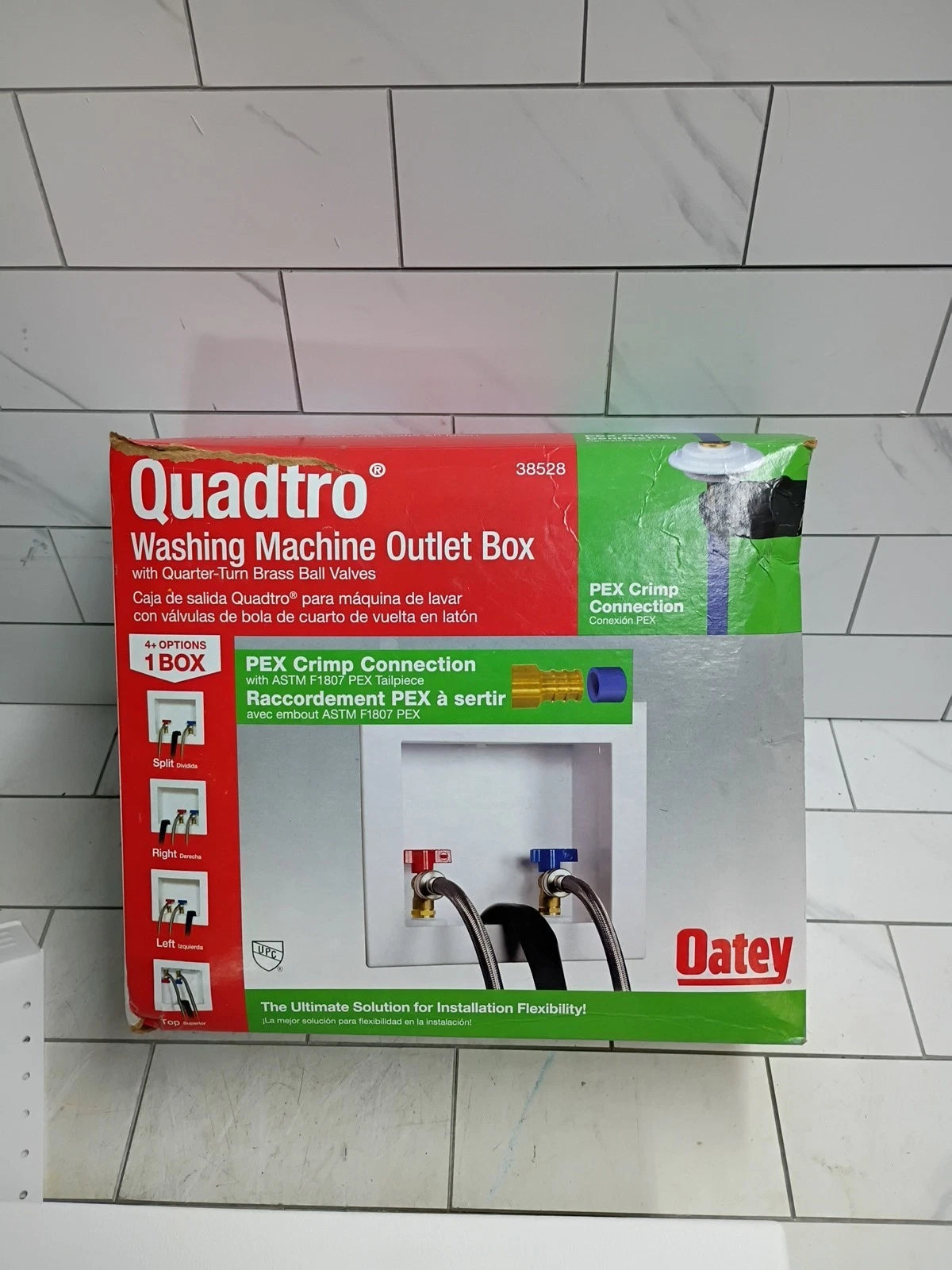 Oatey Quadtro Washing Machine Outlet Box pex crimp 1/4" Turn x 2" Hub 38528.