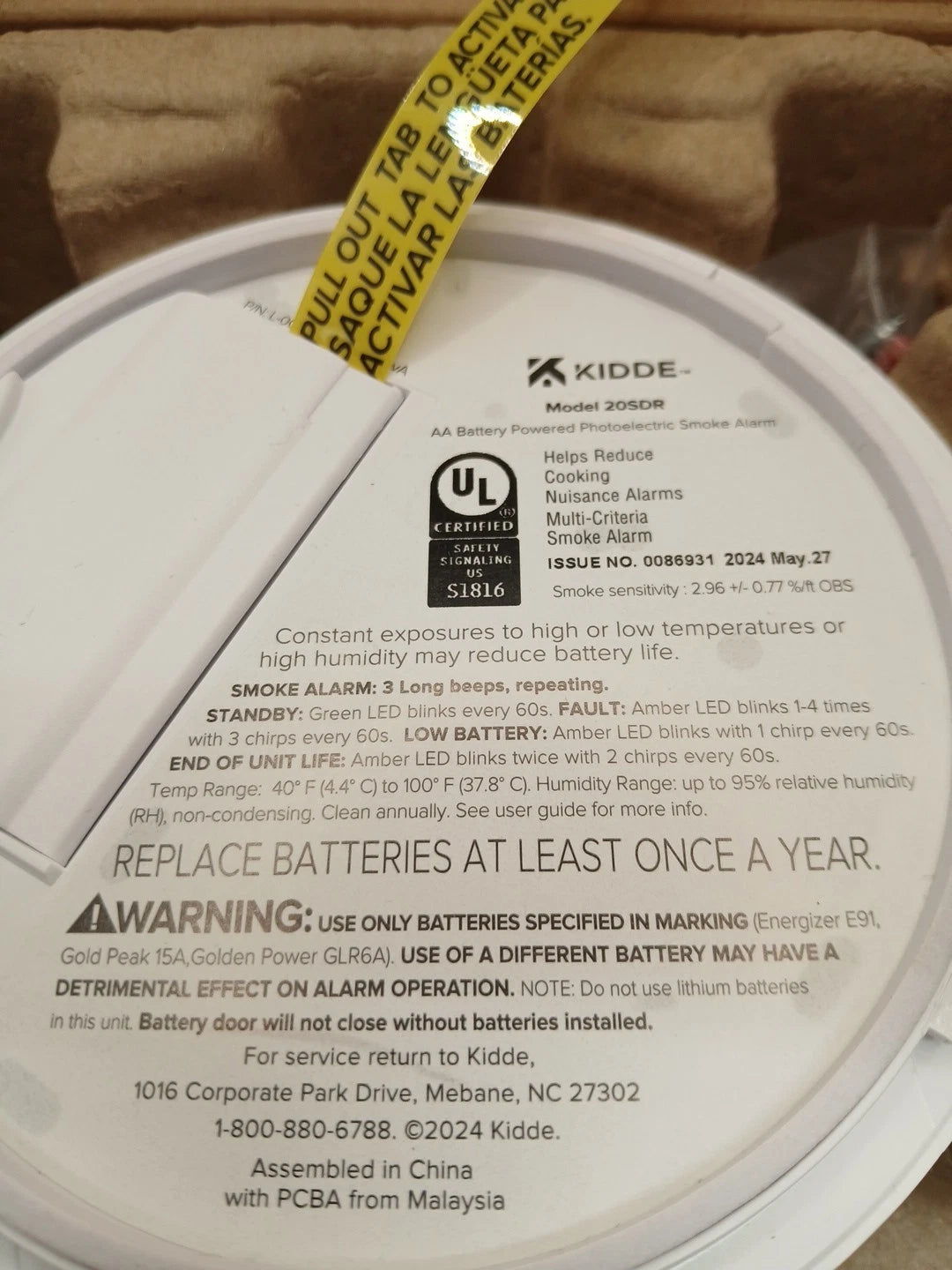 KIDDE 20SDR Photoelectric Smoke Alarm AA Battery Powered LED Warning.