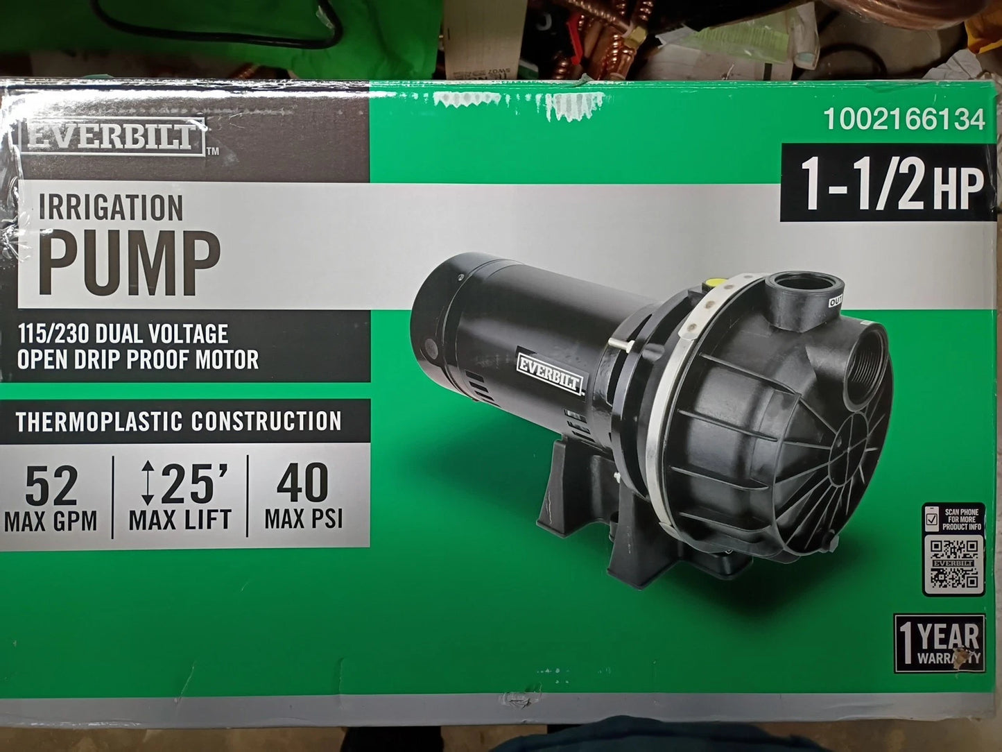 Everbilt HDLS15P, Lawn Irrigation Pump Plastic 1-1/2HP 52 GPM 40 PSI, OPEN BOX,
