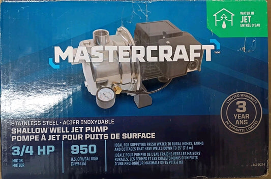 Mastercraft 3/4 HP Shallow Well Jet Pump Ships Fast Stainless Steel Parts Only