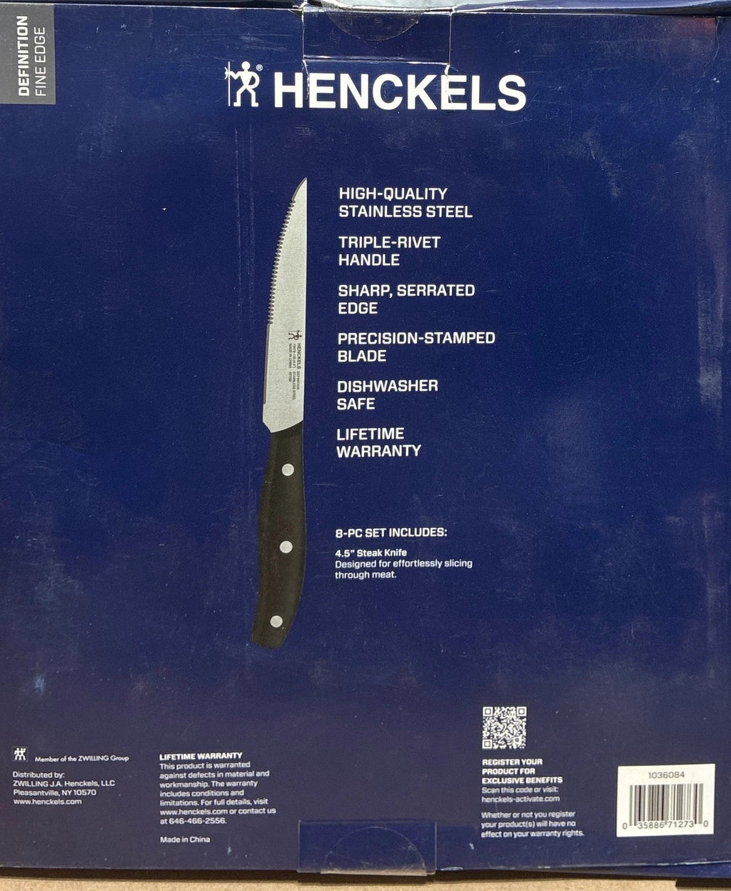Henckels 8 Piece Steak Knife Set 4.5" Triple Rivet Stainless Steel Blade OB