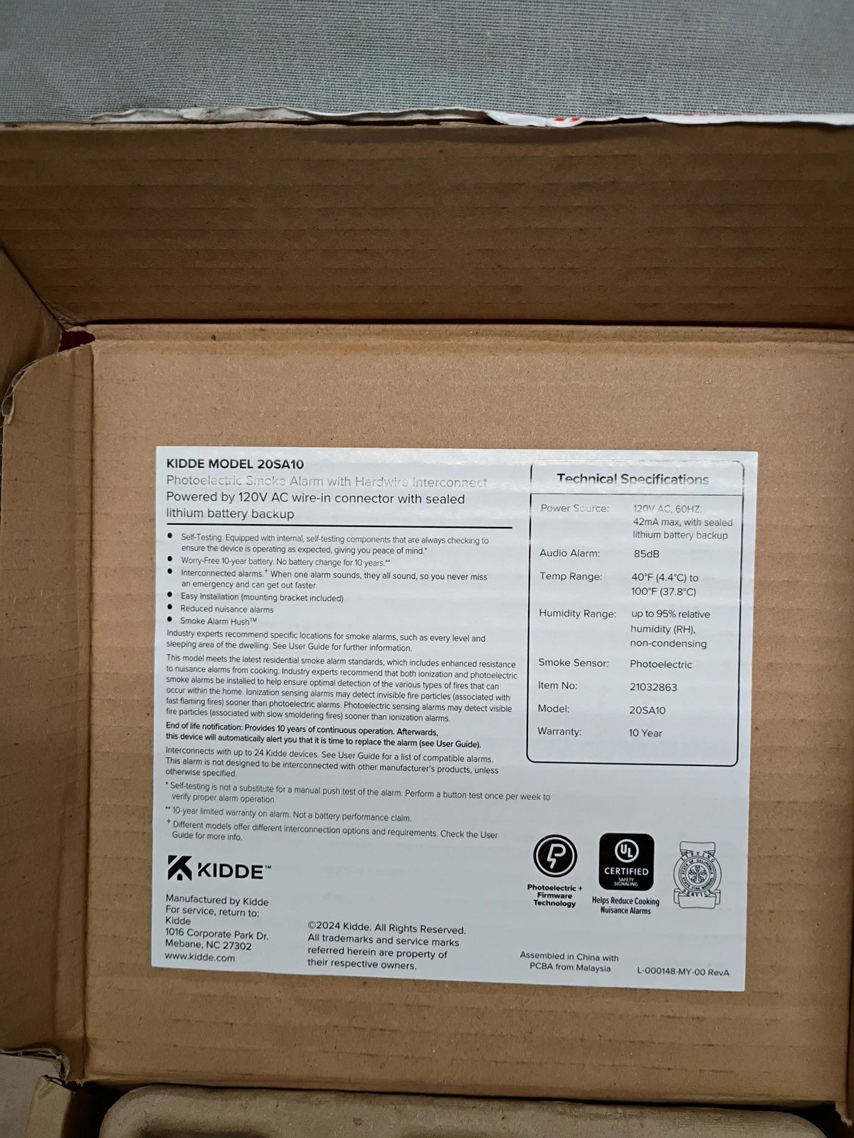Kidde 20SA10 Hardwired Smoke Detector, 10-Year Battery , Interconnectable