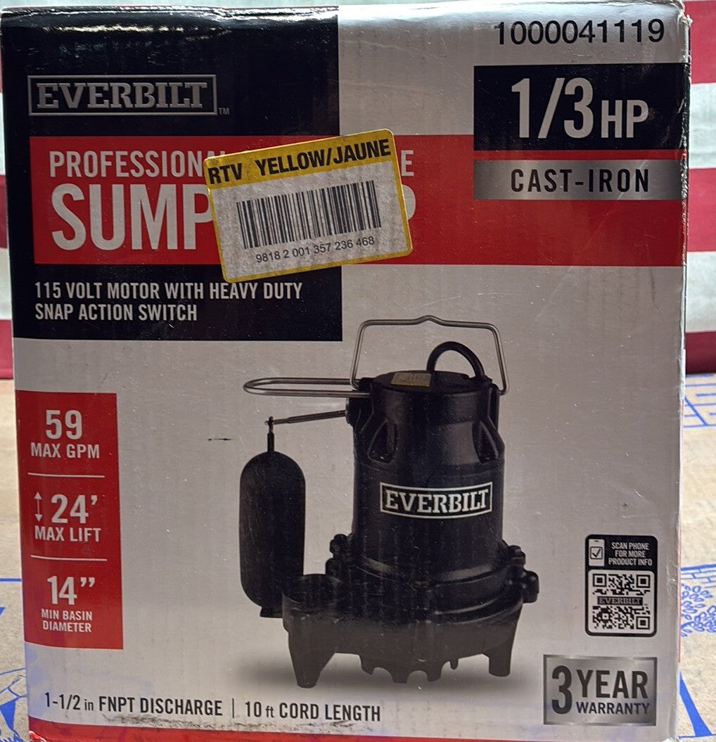 Everbilt 1000041119 1/3 HP Cast Iron Submersible Sump Pump New Open Box