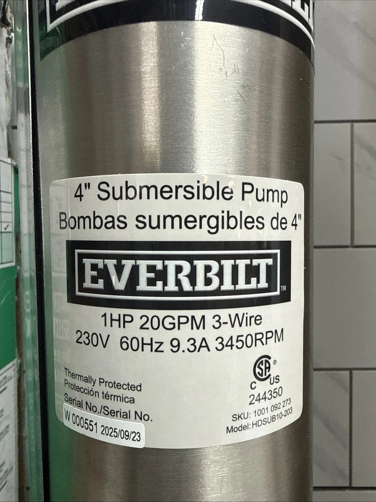 Everbilt 1HP Submersible 3-Wire 20GPM Deep Well Pump HDSUB10-203 NEW OPEN BOX
