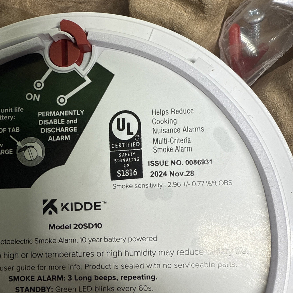 Kidde Smoke Detector 10 Year Battery Powered LED Warning Light Indicators 20SD10