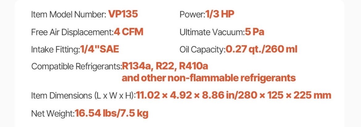 VEVOR VP135 4 CFM 1/3 HP HVAC Single Stage Rotary Vane Vacuum Pump