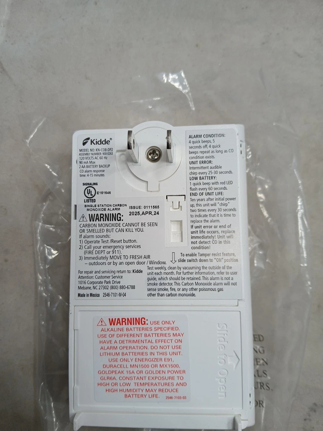Kidde Carbon Monoxide Detector, Plug in Wall with AA Battery Backup KN-COB_DP OB