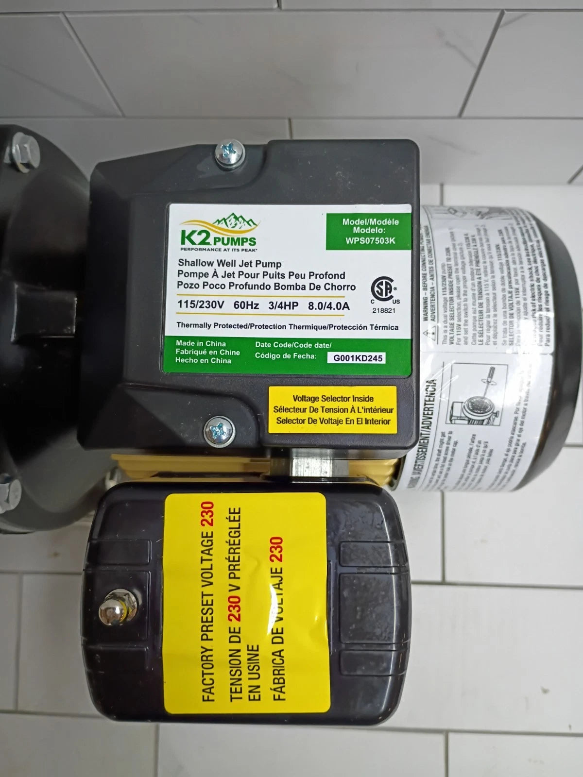 K2 Pumps Shallow Well Jet Pump 3/4 Hp Lead Free Thermoplastic 115/230V OPEN BOX