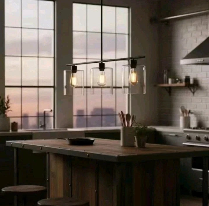 YANSUN 3-Light Matte Black Modern Kitchen Island Light Linear Chandelier OB