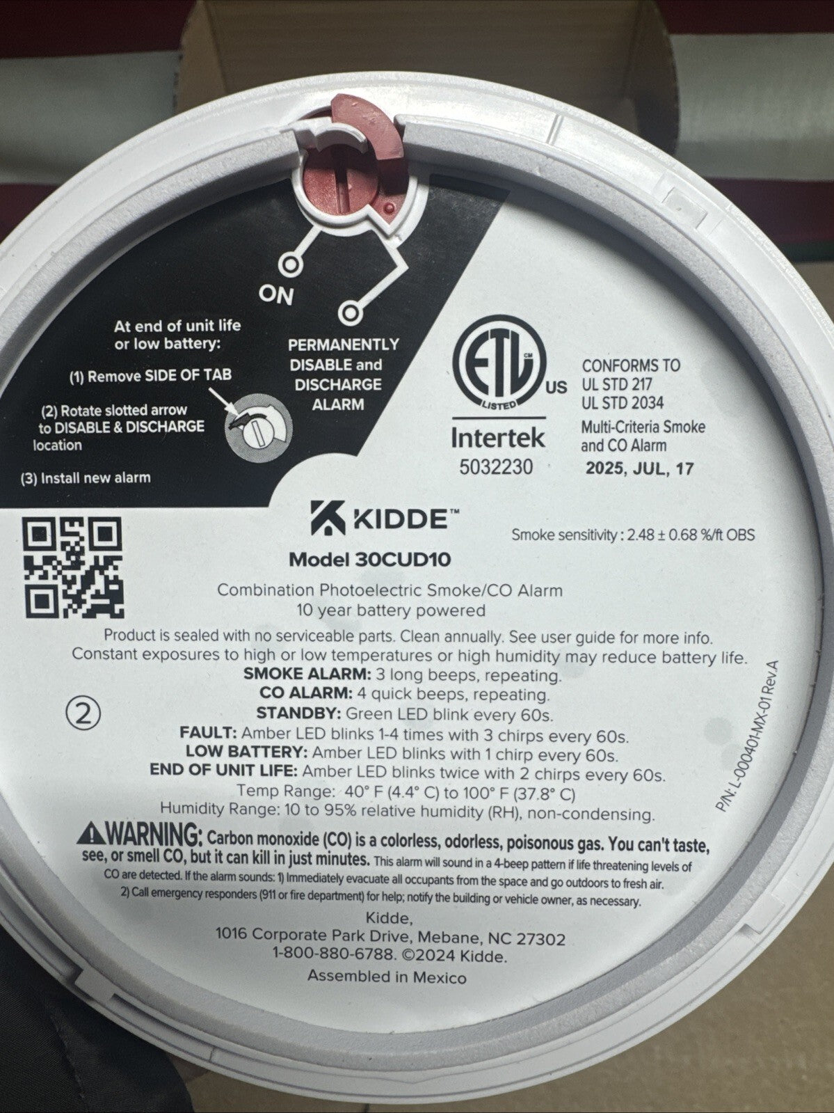 Kidde Smoke & CO Detector, 10-Year Battery, LED Warning Indicators 30CUD10,