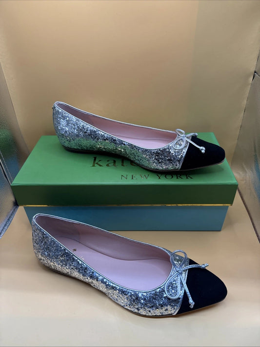 SP2a-Kate Spade New York Nella Flats Size 7M Silver Gold Glitter Black Toe w Box