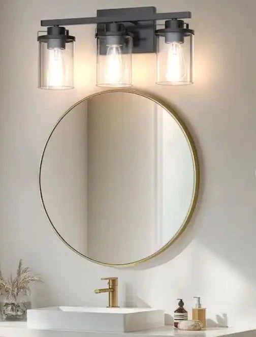Yansunb. 3-Light Modern Vanity Light w Black Finish and Clear Glass Shade OB