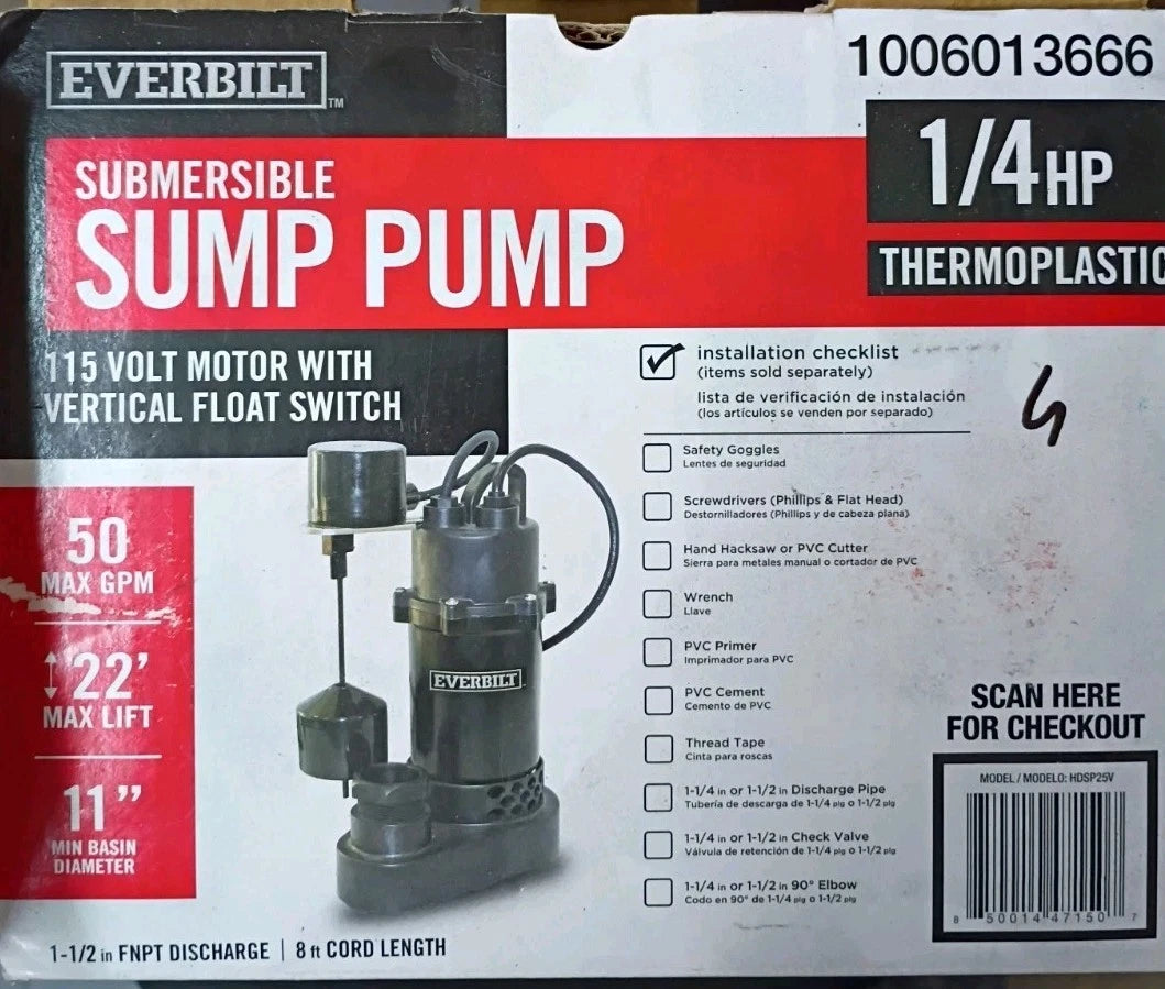 Everbilt HDSP25V 1/4 HP Aluminum Submersible Sump Pump Vertical Switch, OPEN BOX