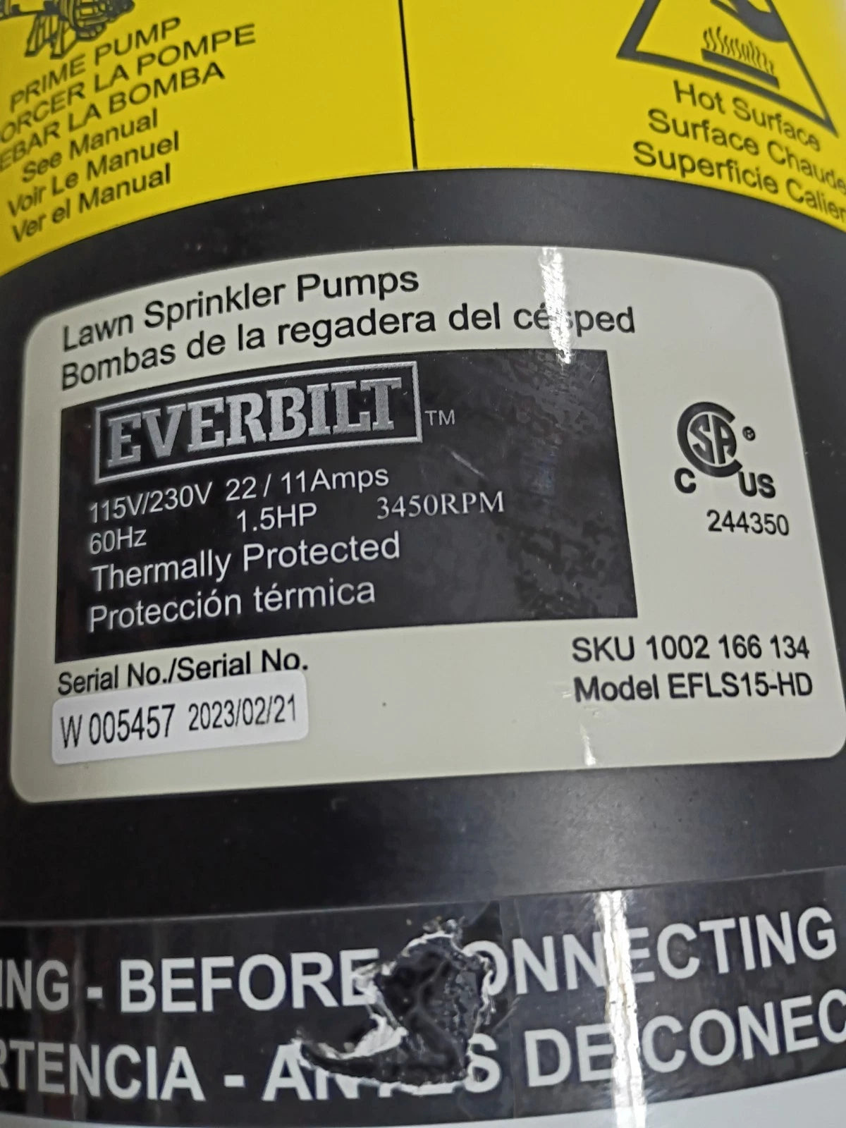 Everbilt HDLS15P Lawn Irrigation Pump Plastic 1.5HP PARTS ONLY