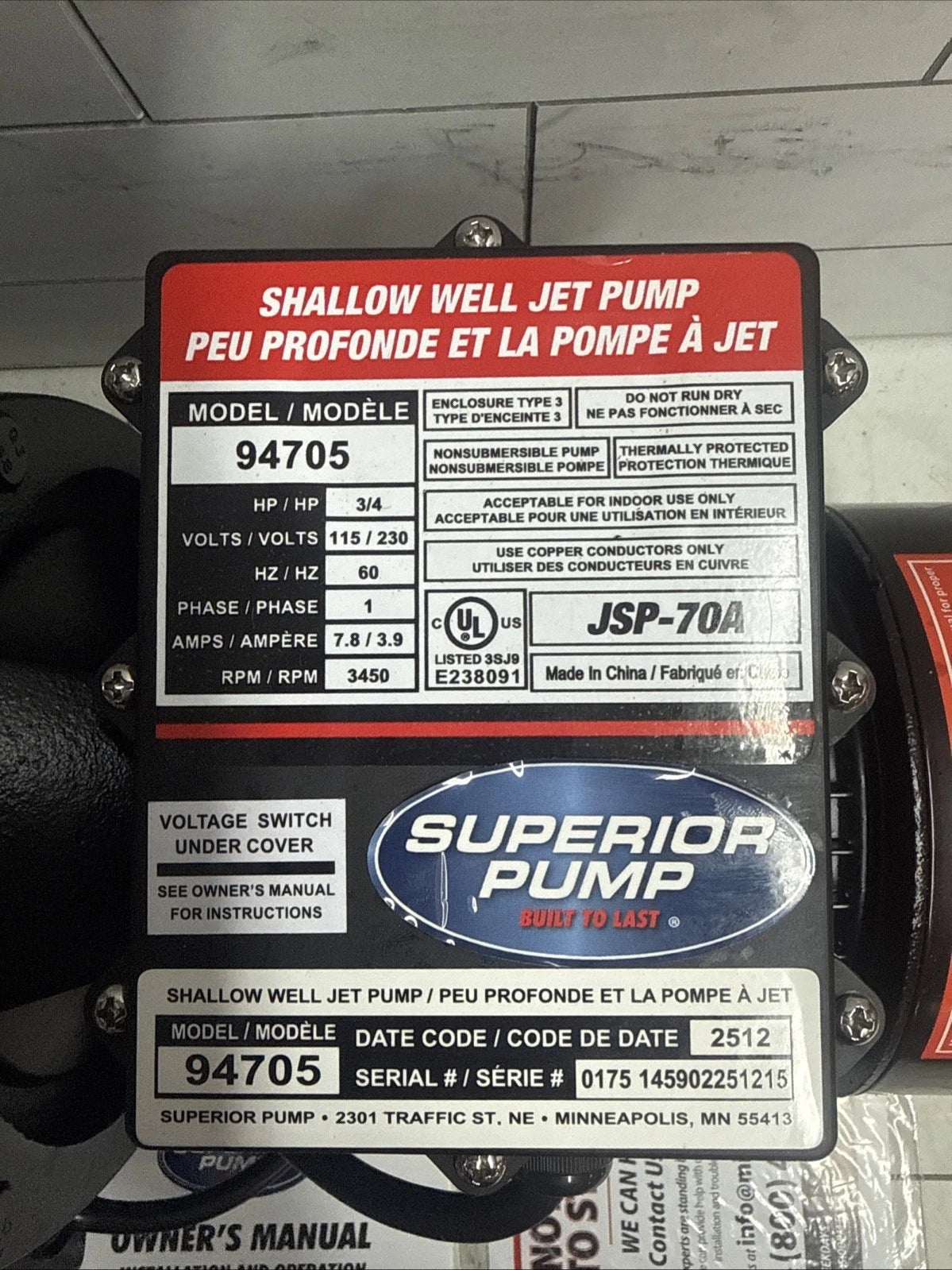 Superior Pump 94705, 3/4HP Shallow Well Jet Pump 115/230V CAST IRON OPEN BOX