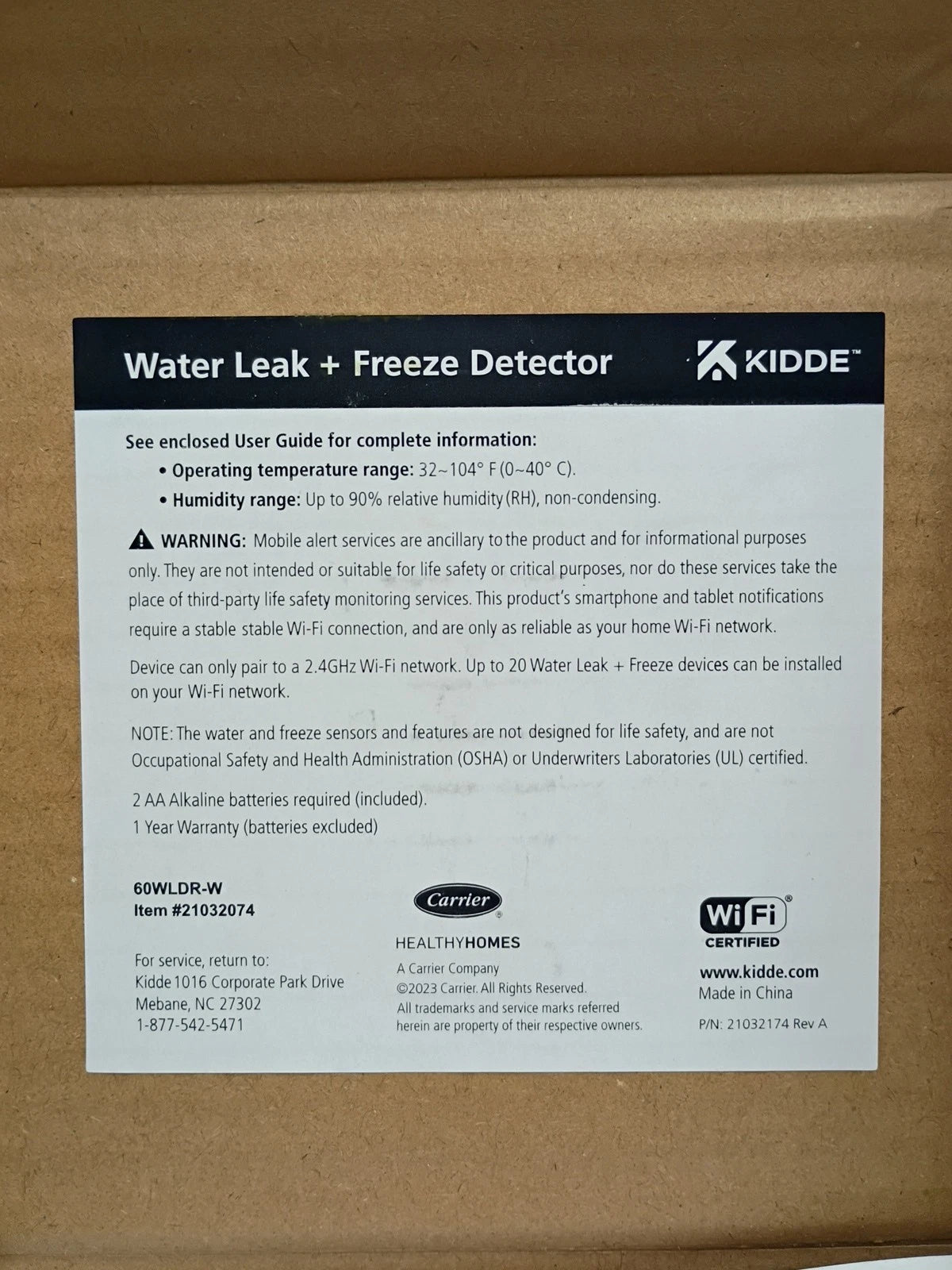 Kidde 60WLDR-W Smart Water Leak + Freeze Detector White WiFi Battery