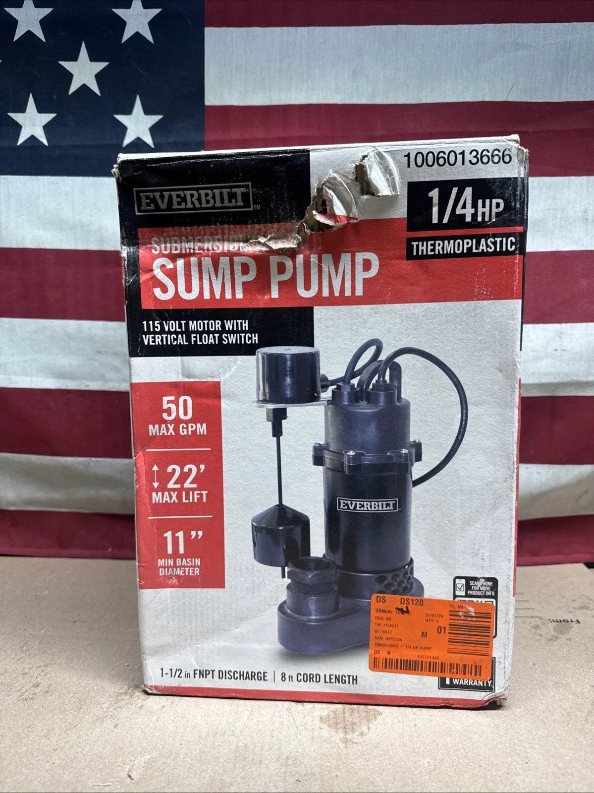 Everbilt HDSP25V 1/4 HP Aluminum Submersible Sump Pump Vertical Switch Open Box