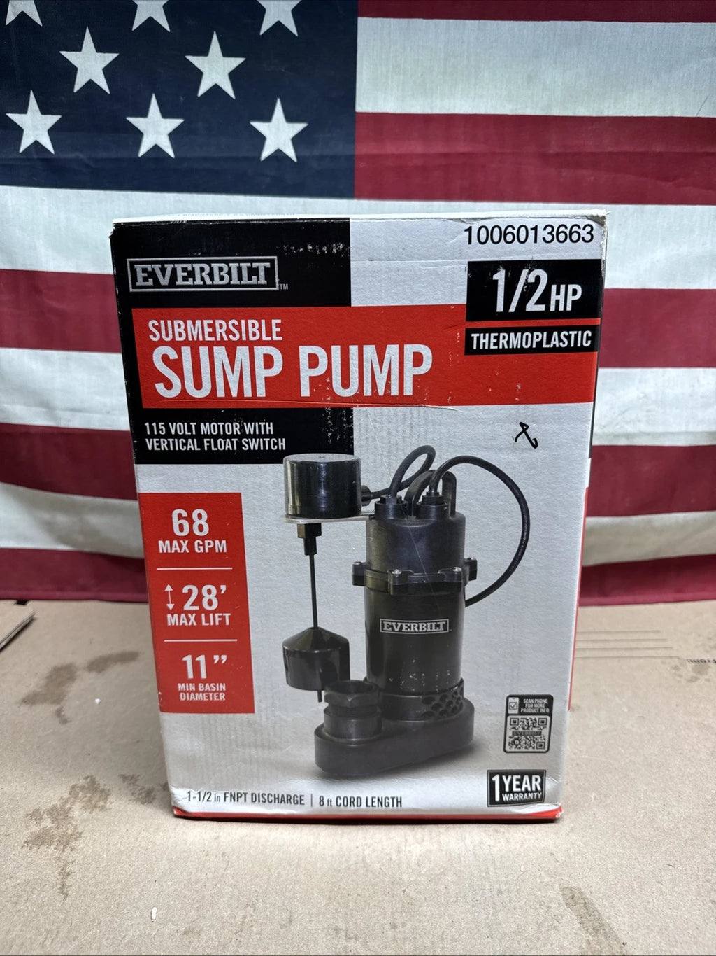 Everbilt HDSP50V 1/2 HP Submersible Sump Pump Thermoplastic Vertical., Open Box.
