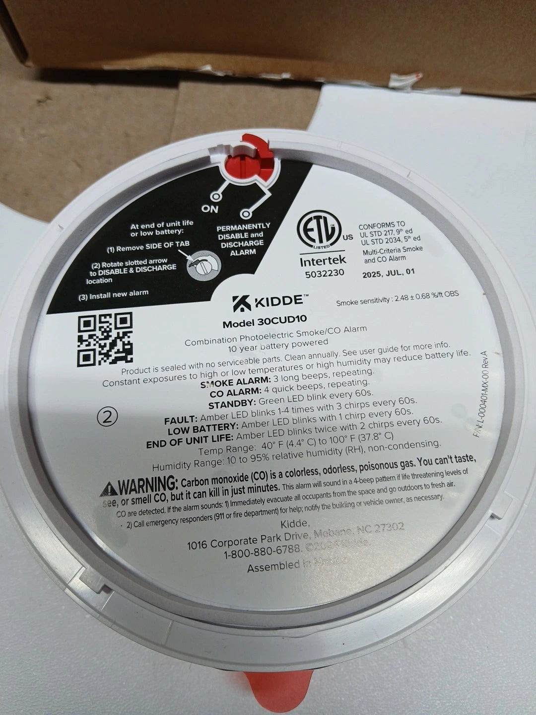 Kidde Smoke & CO Detector 10-Year Battery LED Warning Indicators 30CUD10.