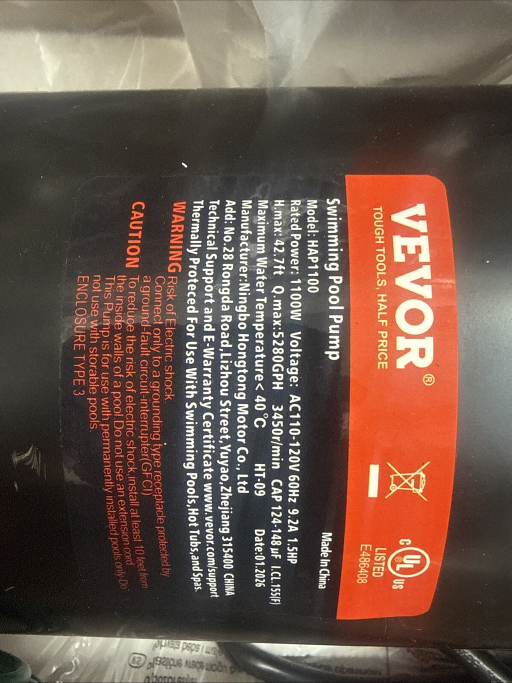 VEVOR HAP1100, Swimming Pool Pump, 1.5 HP 115 V, 1100W Single Speed Pump, OB,