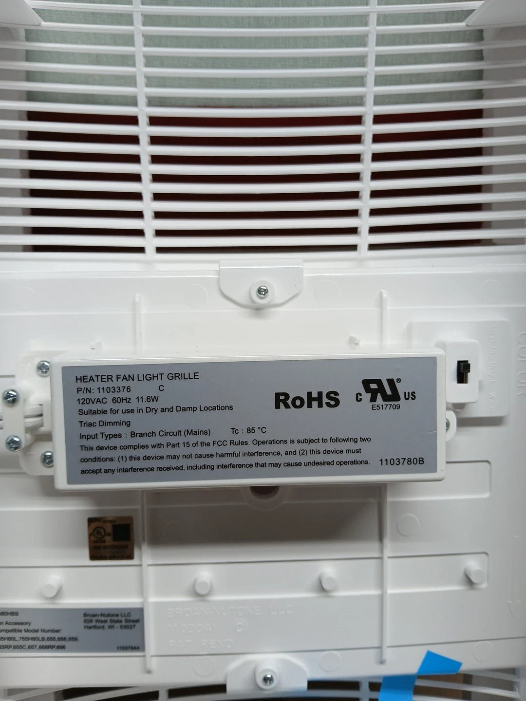 Broan NuTone 70/ 80 CFM Heater LED Light Exhaust Fan Cover Upgrade Model FG80HBS