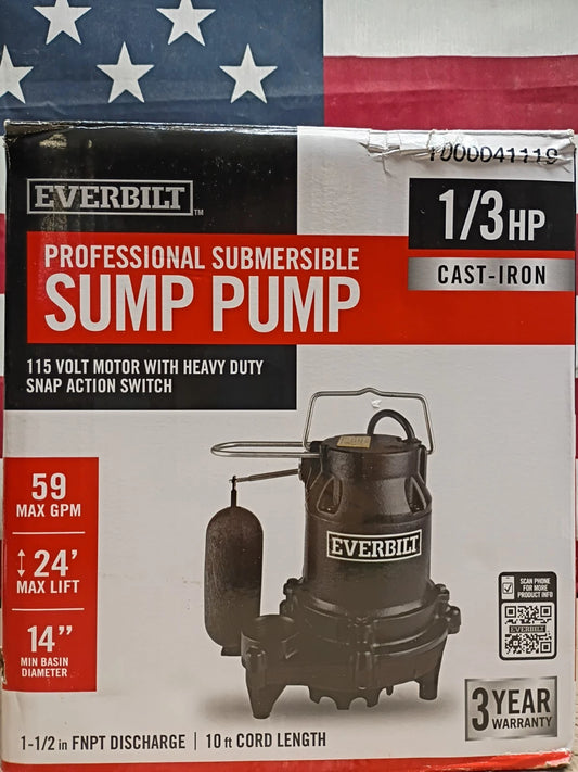 Everbilt 1/3 HP Cast Iron Submersible Sump Pump HDS30 Open Box