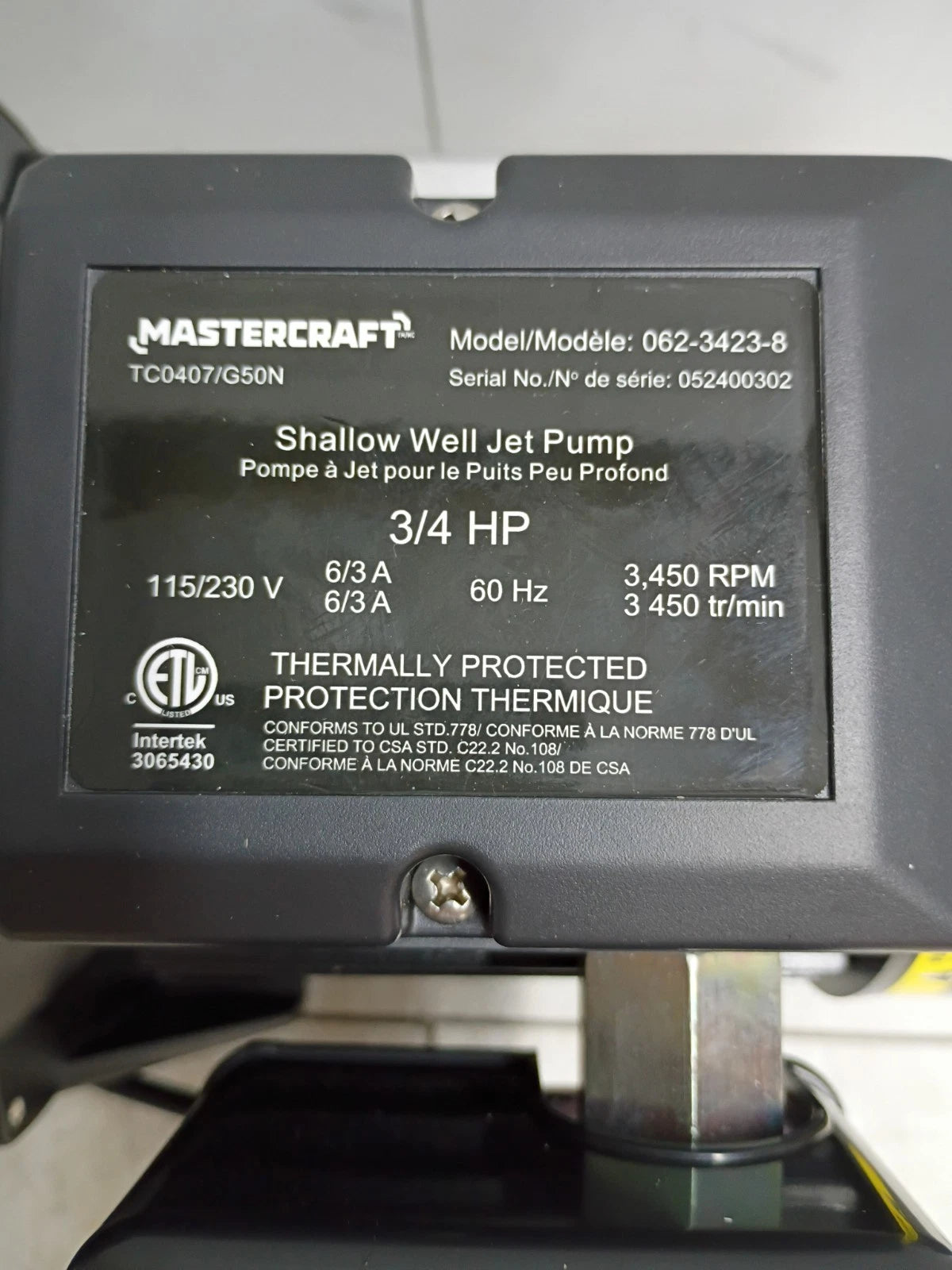 Mastercraft 3/4 HP Shallow Well Jet Pump Ships Fast Stainless Steel OPEN BOX