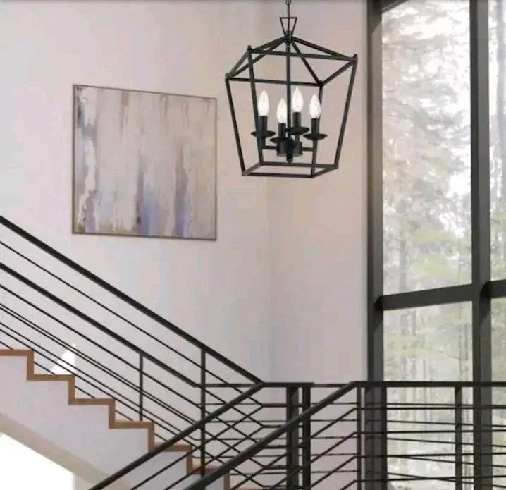 Faymart 16 in. 4 Light Modern Rectangle Lantern Pendant Light Matte Black OB