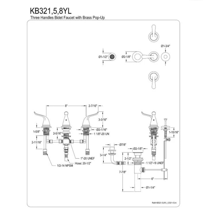 Kingston Brass KB328YL Royale Three-Handle Bidet Faucet, Brushed Nickel Open Box