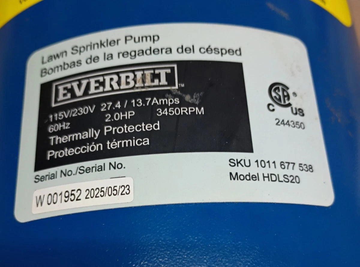 Everbilt Professional Irrigation Pump Cast Iron 2HP Dual Voltage HDLS20 Parts