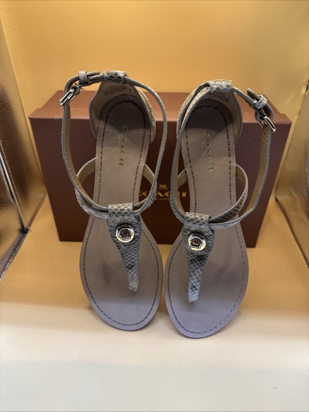 Coach New York Ingrid Natural Snake Print Sandals Size 7M Women's New With Box!