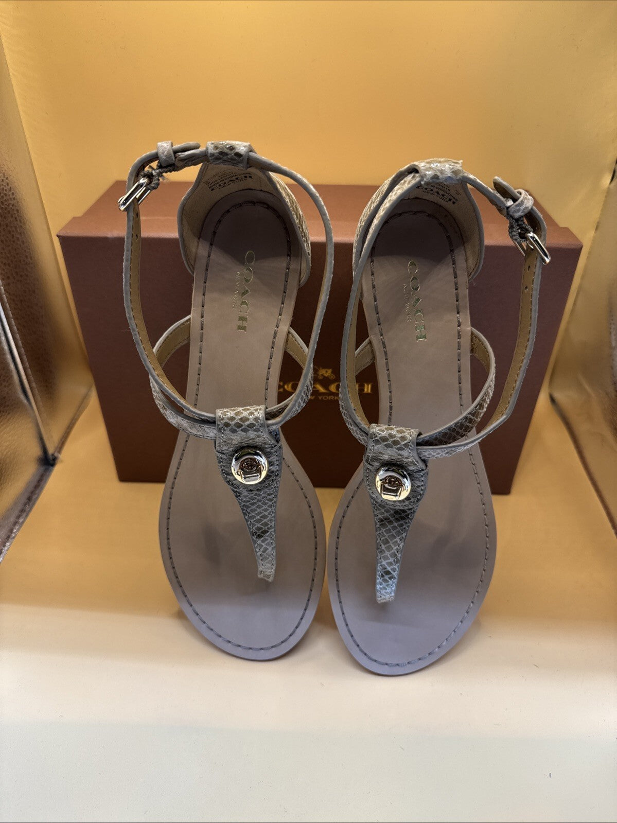 Coach New York Ingrid Natural Snake Print Sandals Size 7M Women's New With Box!