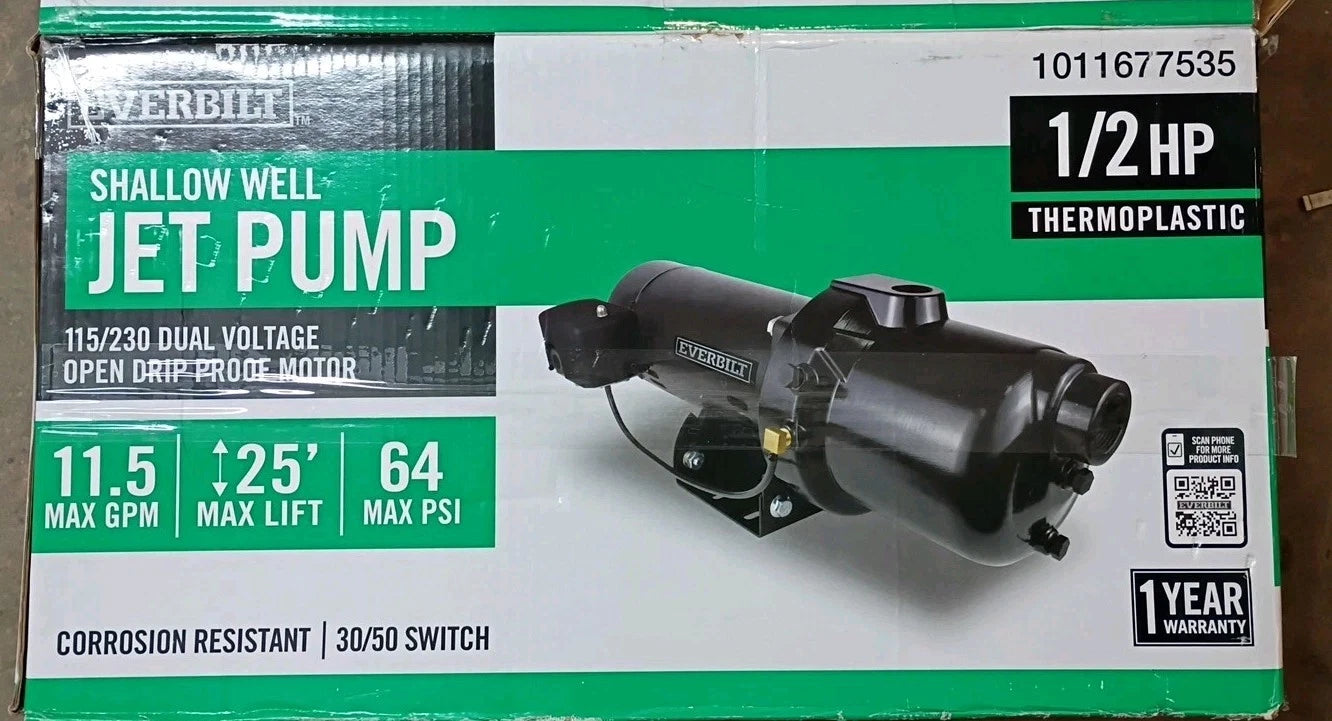 Everbilt HDSWJ5P 1/2 HP Plastic Shallow Well Jet Pump, USED, READ