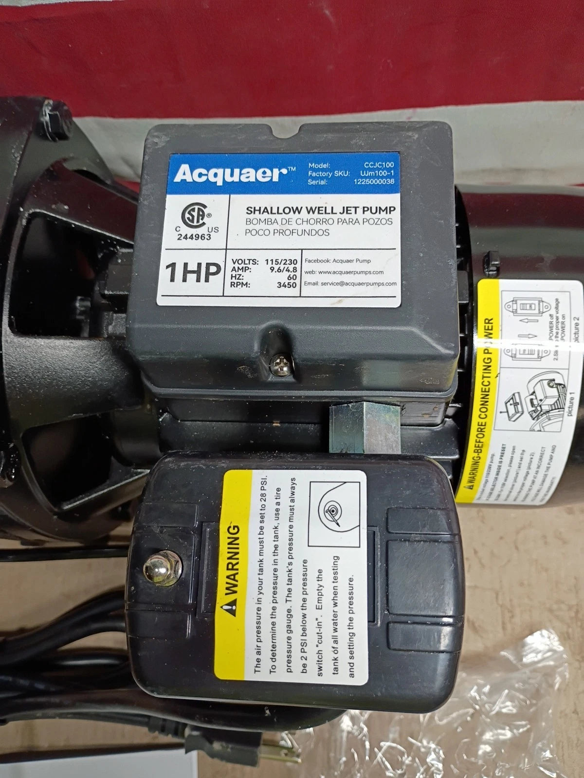 Acquaer CCJC100 1HP Shallow Well Jet Pump, Cast Iron Depth Up 25ft,,PARTS ONLY,,
