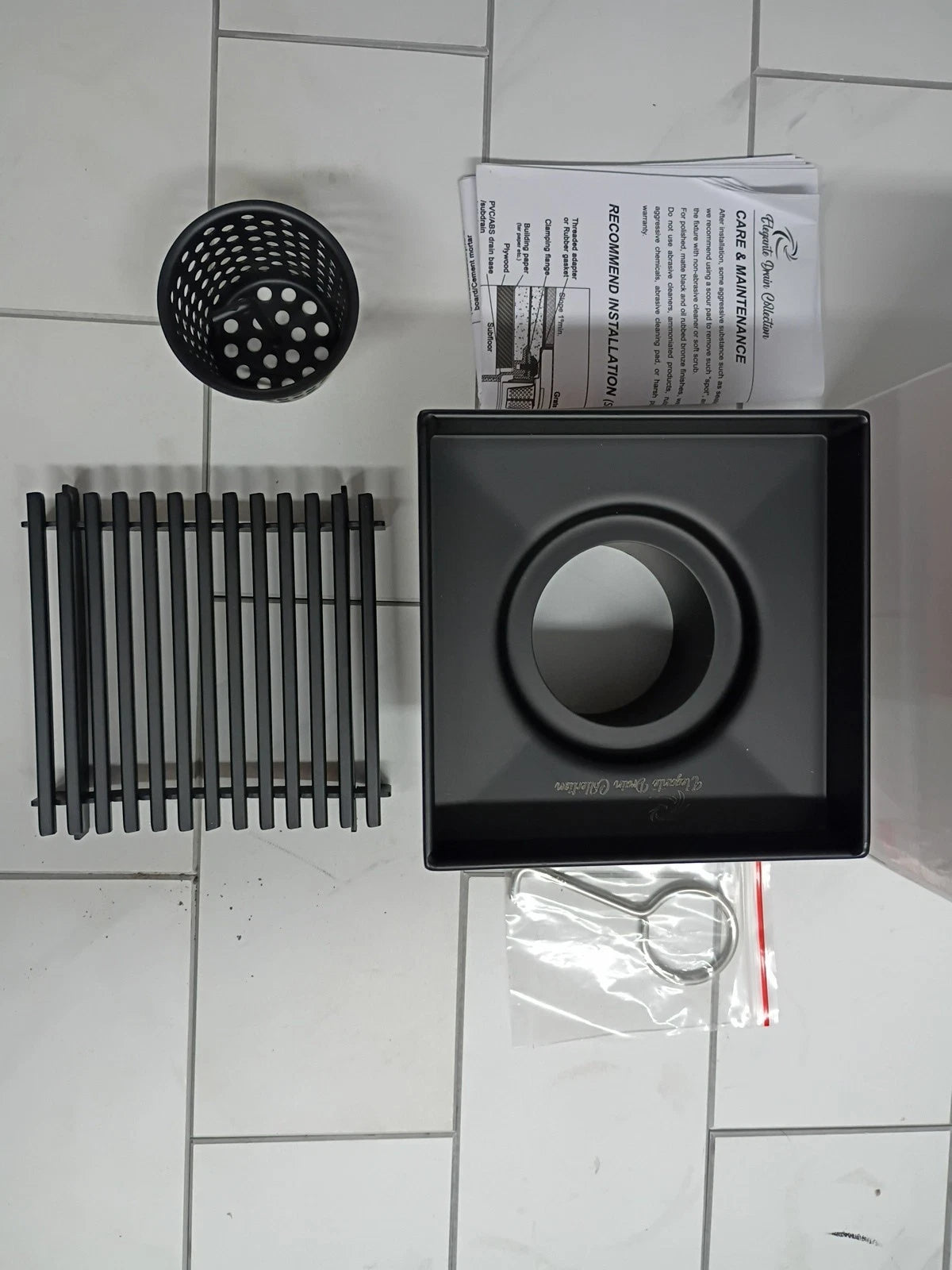 Elegante Drain Collection 4" Sq. matt black Finish Shower Drain w/ Bar Pattern