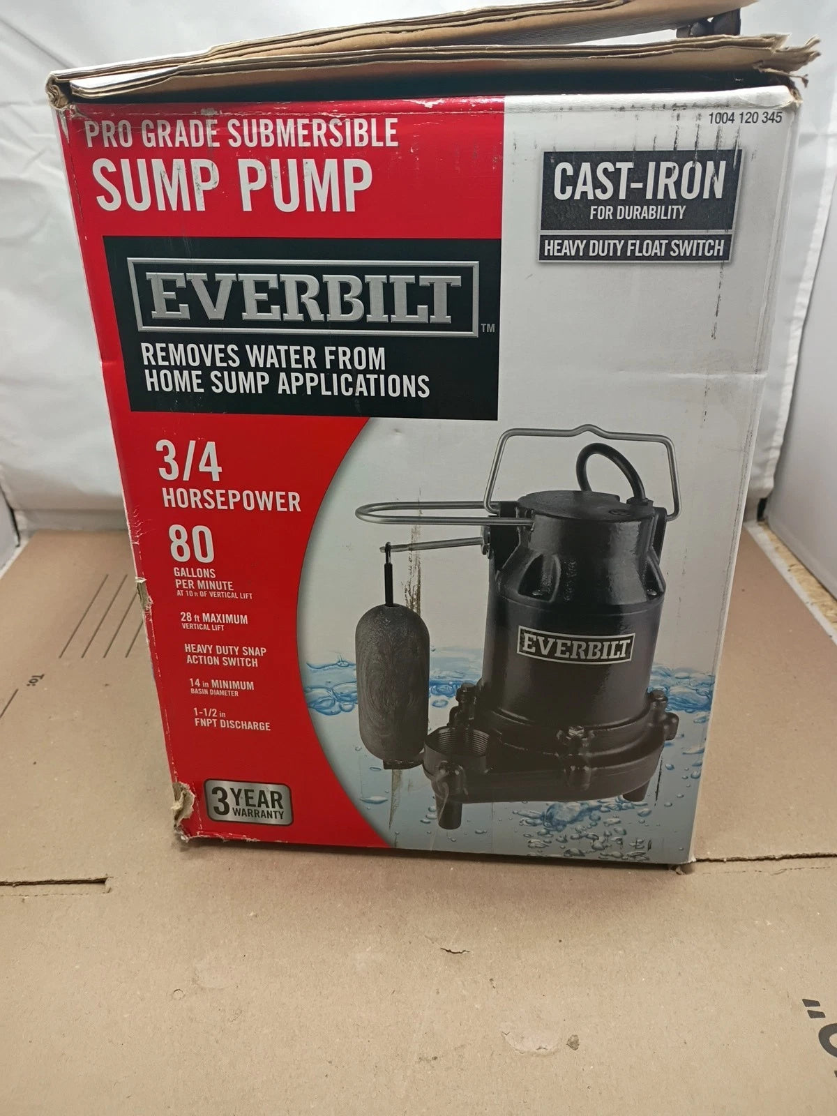Everbilt 3/4HP Cast-Iron Pro-Grade Submersible Sump Pump 1004 120 345 HDS75