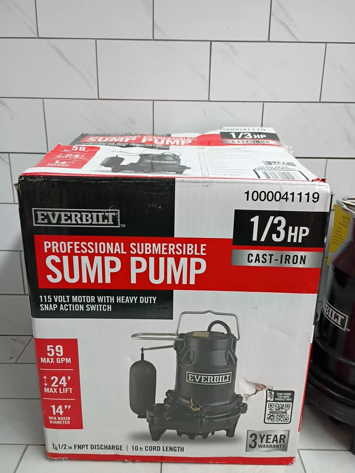 Everbilt 1000041119 1/3 HP Cast Iron Submersible Sump Pump New Open Box