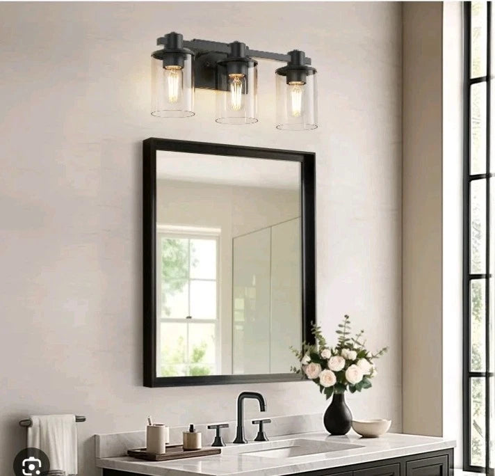 Yansunb. 3-Light Modern Vanity Light w Black Finish and Clear Glass Shade