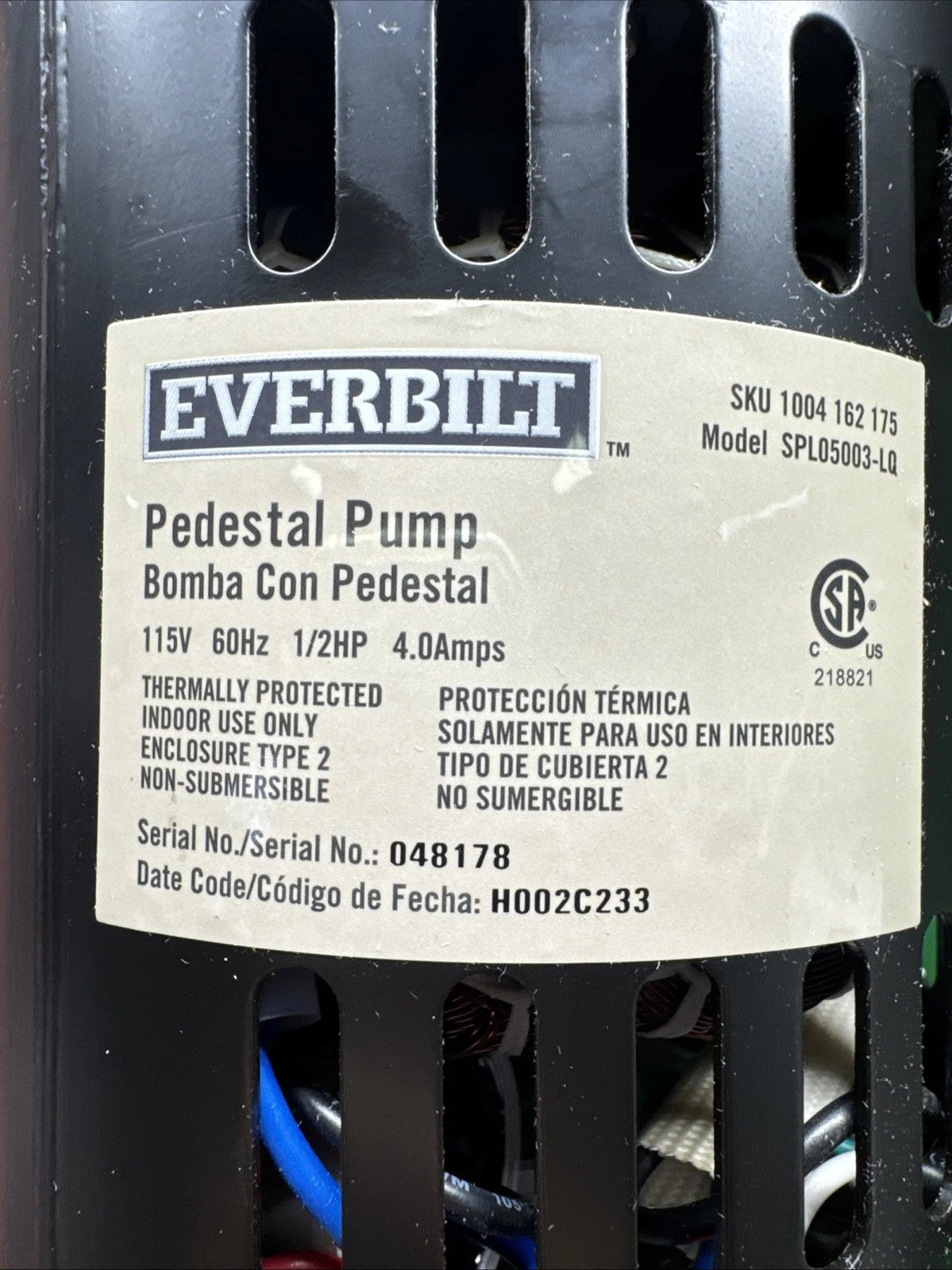 Everbilt Pedestal Sump Pump Stainless Steel and Cast Iron 1/2 HP SPL05003-LQ