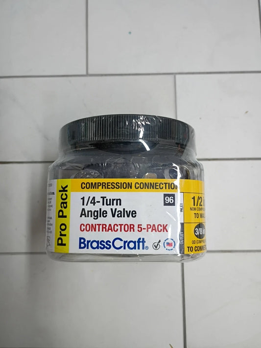 5-Pk BrassCraft 1/4-Turn Angle Valve - 1/2 in. Comp Inlet x 3/8 in. Comp Outlet