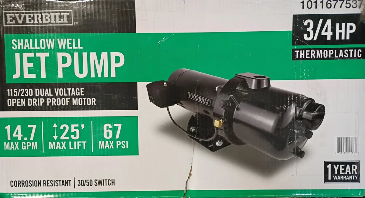 Everbilt Shallow Well Jet Pump Plastic 3/4HP HDSWJ7P Open Box Read