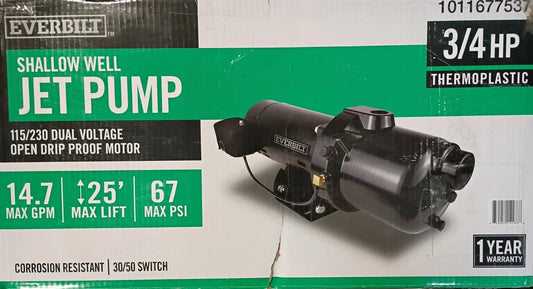 Everbilt Shallow Well Jet Pump Plastic 3/4HP HDSWJ7P Open Box Read