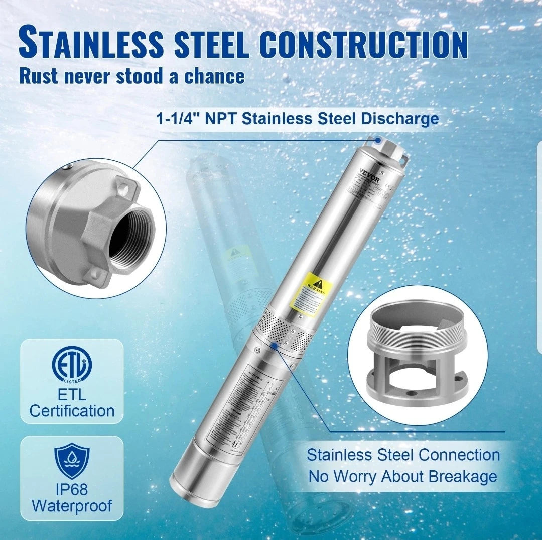 0.5HP Deep Well Submersible Pump 230V 28GPM 167ft Head 33ft Cord Stainless Steel